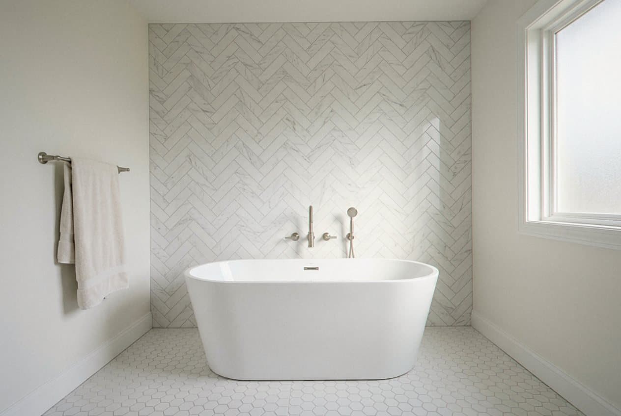 Freestanding tub against a marble herringbone accent wall